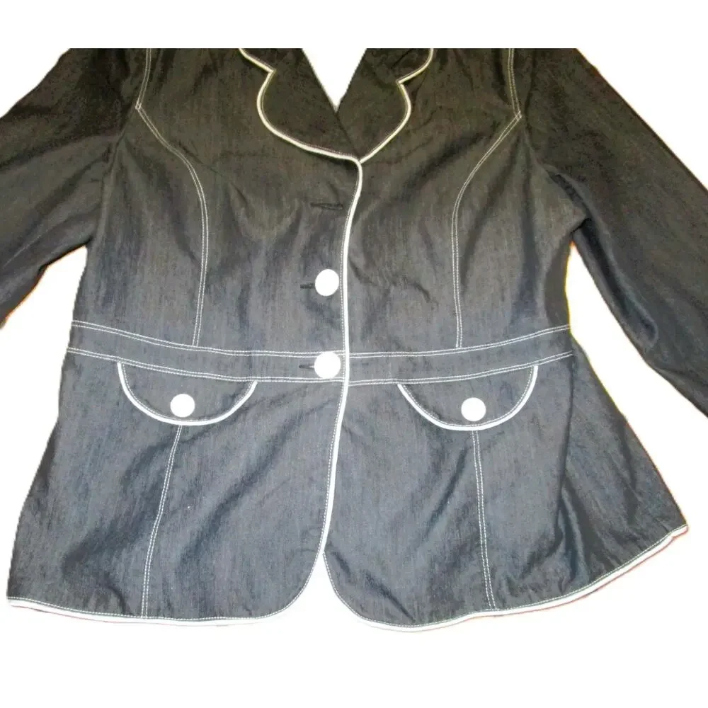 Ben Marc International Vintage Y2K Black Denim Blazer Women's Size 16 White Trim